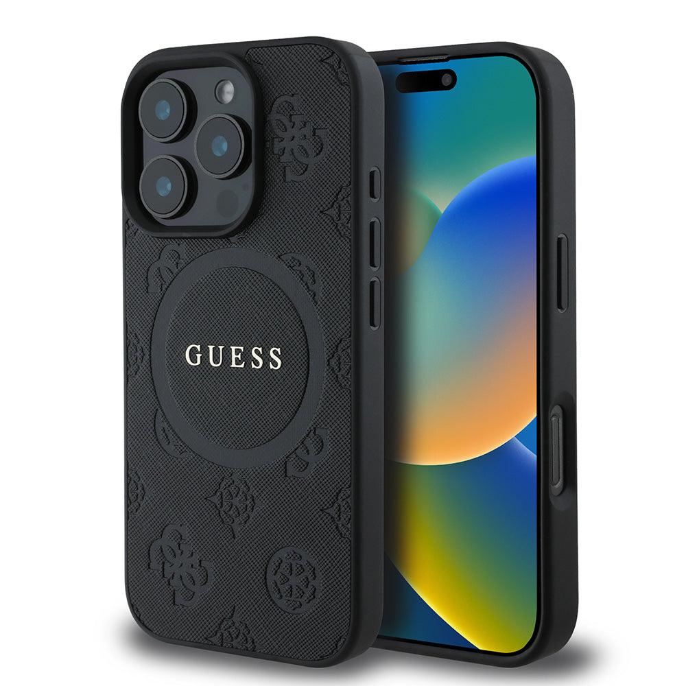 Apple iPhone 16 Pro Kılıf Guess Magsafe Şarj Özellikli Yazı Logolu Saffiano Peony Kapak Siyah