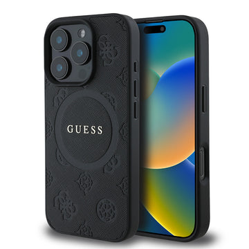 Apple iPhone 16 Pro Kılıf Guess Magsafe Şarj Özellikli Yazı Logolu Saffiano Peony Kapak Siyah