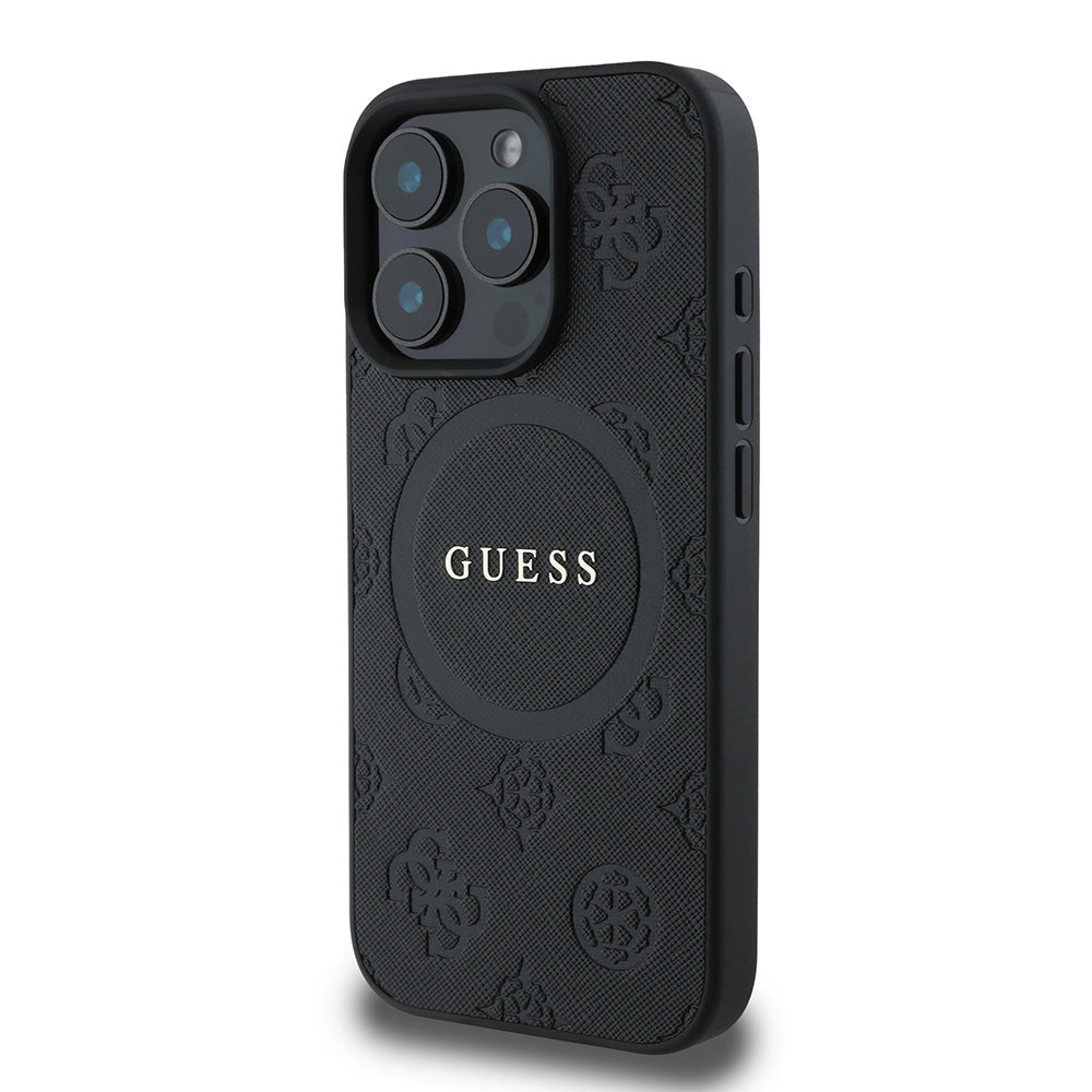 Apple iPhone 16 Pro Kılıf Guess Magsafe Şarj Özellikli Yazı Logolu Saffiano Peony Kapak Siyah