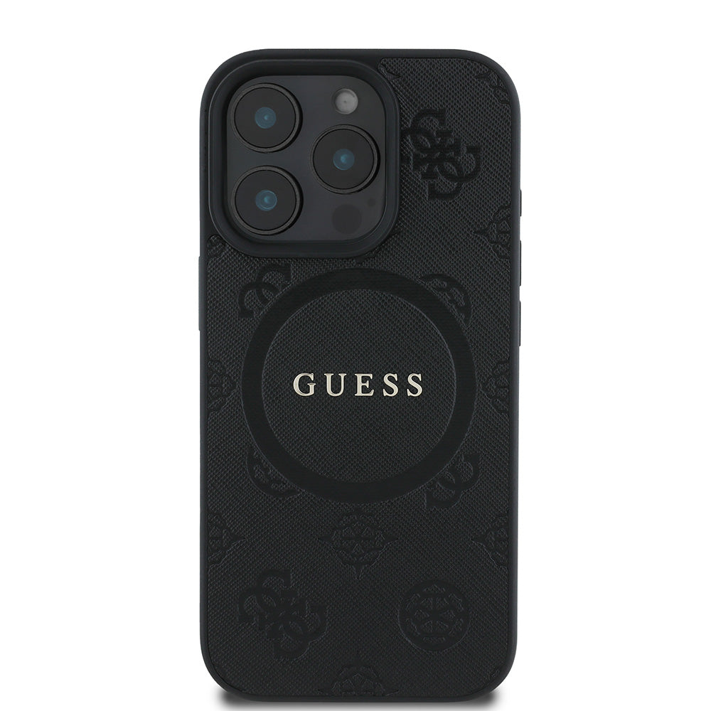 Apple iPhone 16 Pro Kılıf Guess Magsafe Şarj Özellikli Yazı Logolu Saffiano Peony Kapak Siyah