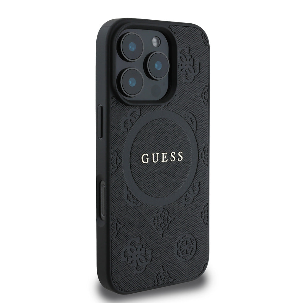 Apple iPhone 16 Pro Kılıf Guess Magsafe Şarj Özellikli Yazı Logolu Saffiano Peony Kapak Siyah