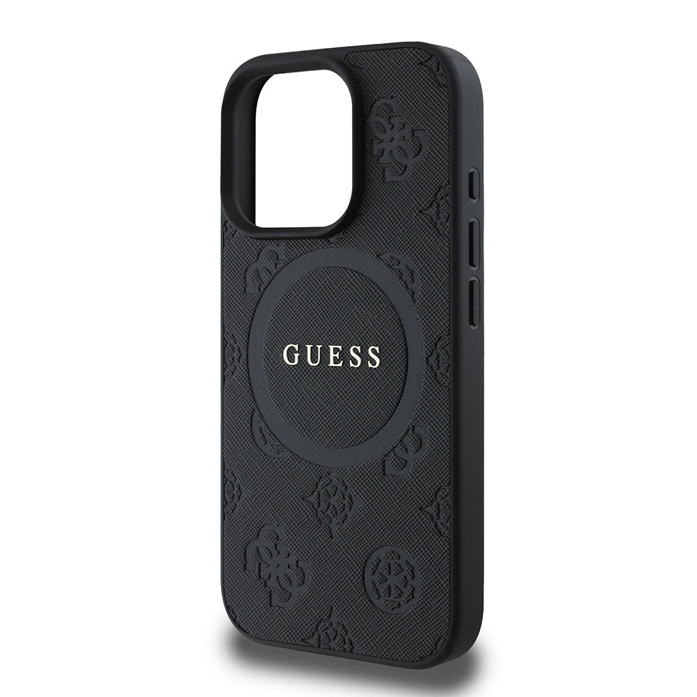 Apple iPhone 16 Pro Kılıf Guess Magsafe Şarj Özellikli Yazı Logolu Saffiano Peony Kapak Siyah