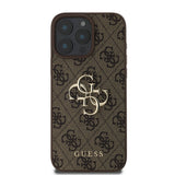 Apple iPhone 16 Pro Kılıf Guess PU Deri 4G Desenli Metal Büyük 4G ve Yazı Logolu Kapak Kahverengi