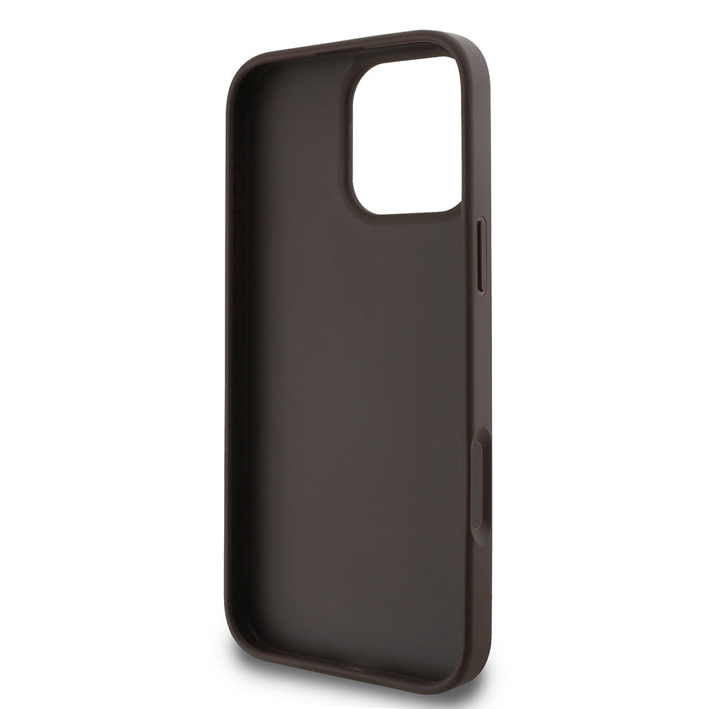 Apple iPhone 16 Pro Kılıf Guess PU Deri 4G Desenli Metal Büyük 4G ve Yazı Logolu Kapak Kahverengi