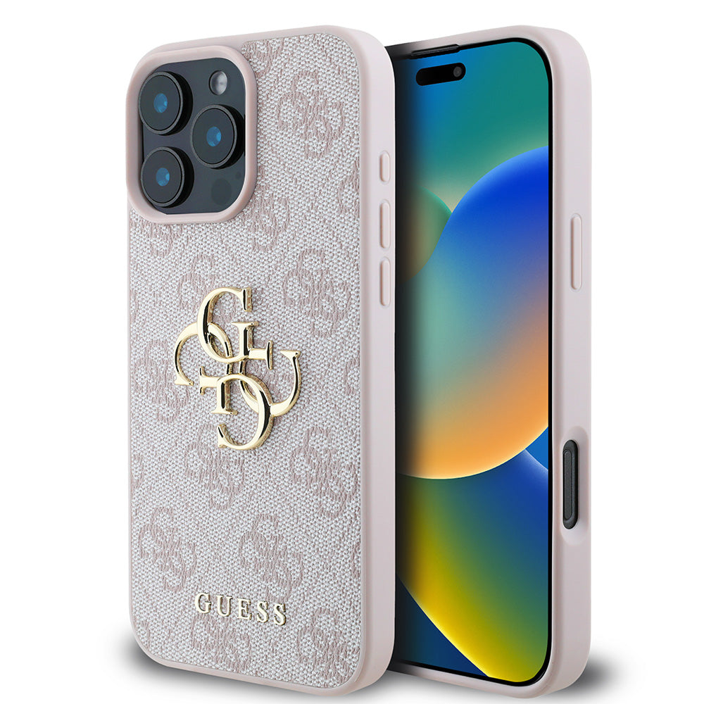 Apple iPhone 16 Pro Kılıf Guess PU Deri 4G Desenli Metal Büyük 4G ve Yazı Logolu Kapak Pembe
