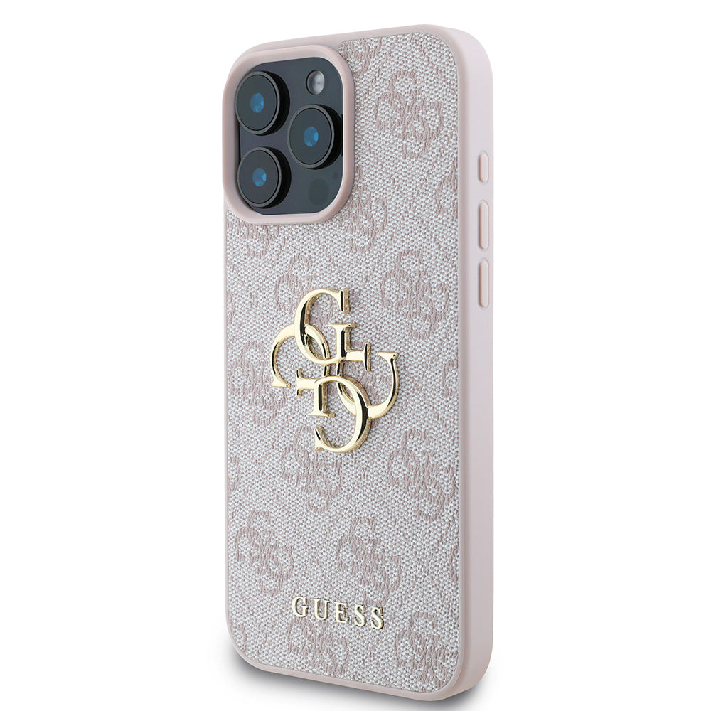 Apple iPhone 16 Pro Kılıf Guess PU Deri 4G Desenli Metal Büyük 4G ve Yazı Logolu Kapak Pembe