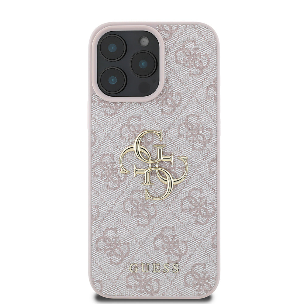 Apple iPhone 16 Pro Kılıf Guess PU Deri 4G Desenli Metal Büyük 4G ve Yazı Logolu Kapak Pembe