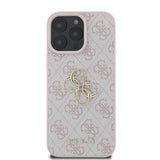 Apple iPhone 16 Pro Kılıf Guess PU Deri 4G Desenli Metal Büyük 4G ve Yazı Logolu Kapak Pembe