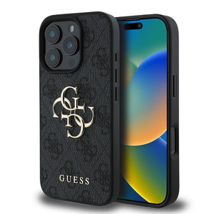 Apple iPhone 16 Pro Kılıf Guess PU Deri 4G Desenli Metal Büyük 4G ve Yazı Logolu Kapak Siyah