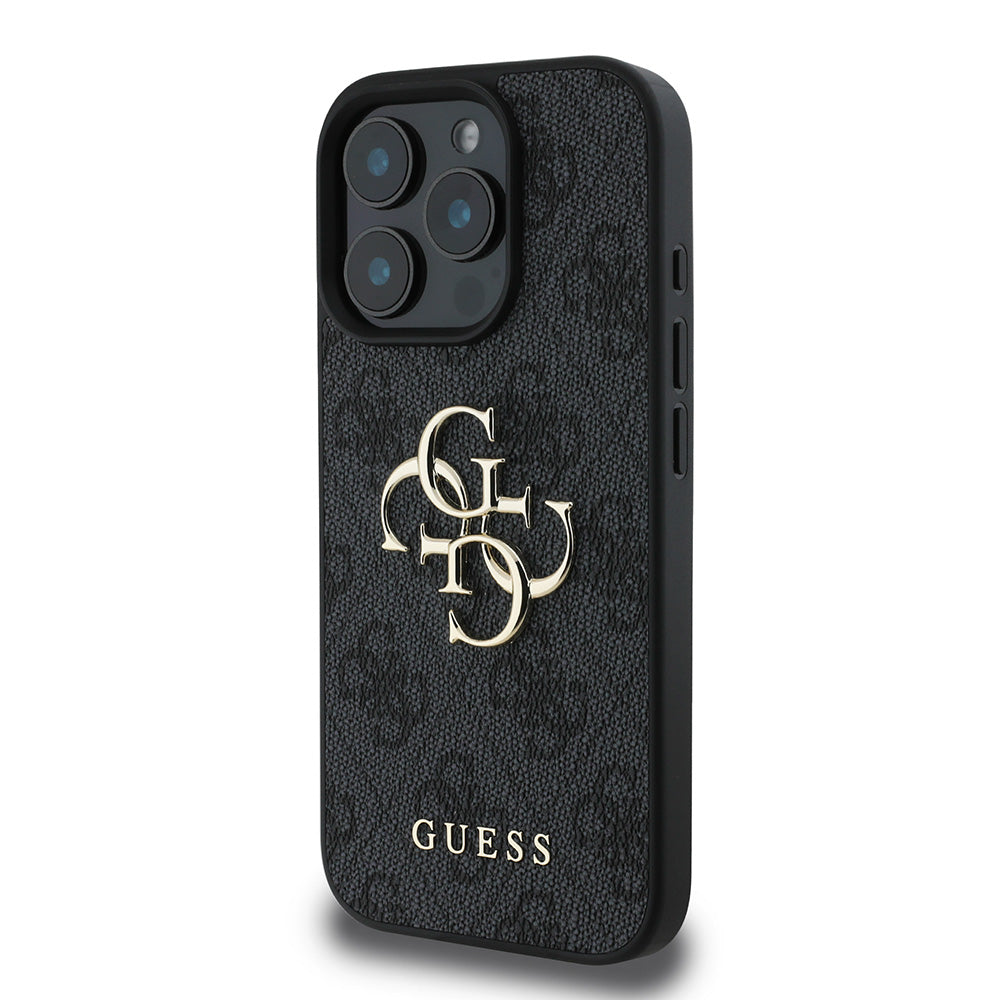 Apple iPhone 16 Pro Kılıf Guess PU Deri 4G Desenli Metal Büyük 4G ve Yazı Logolu Kapak Siyah