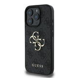 Apple iPhone 16 Pro Kılıf Guess PU Deri 4G Desenli Metal Büyük 4G ve Yazı Logolu Kapak Siyah