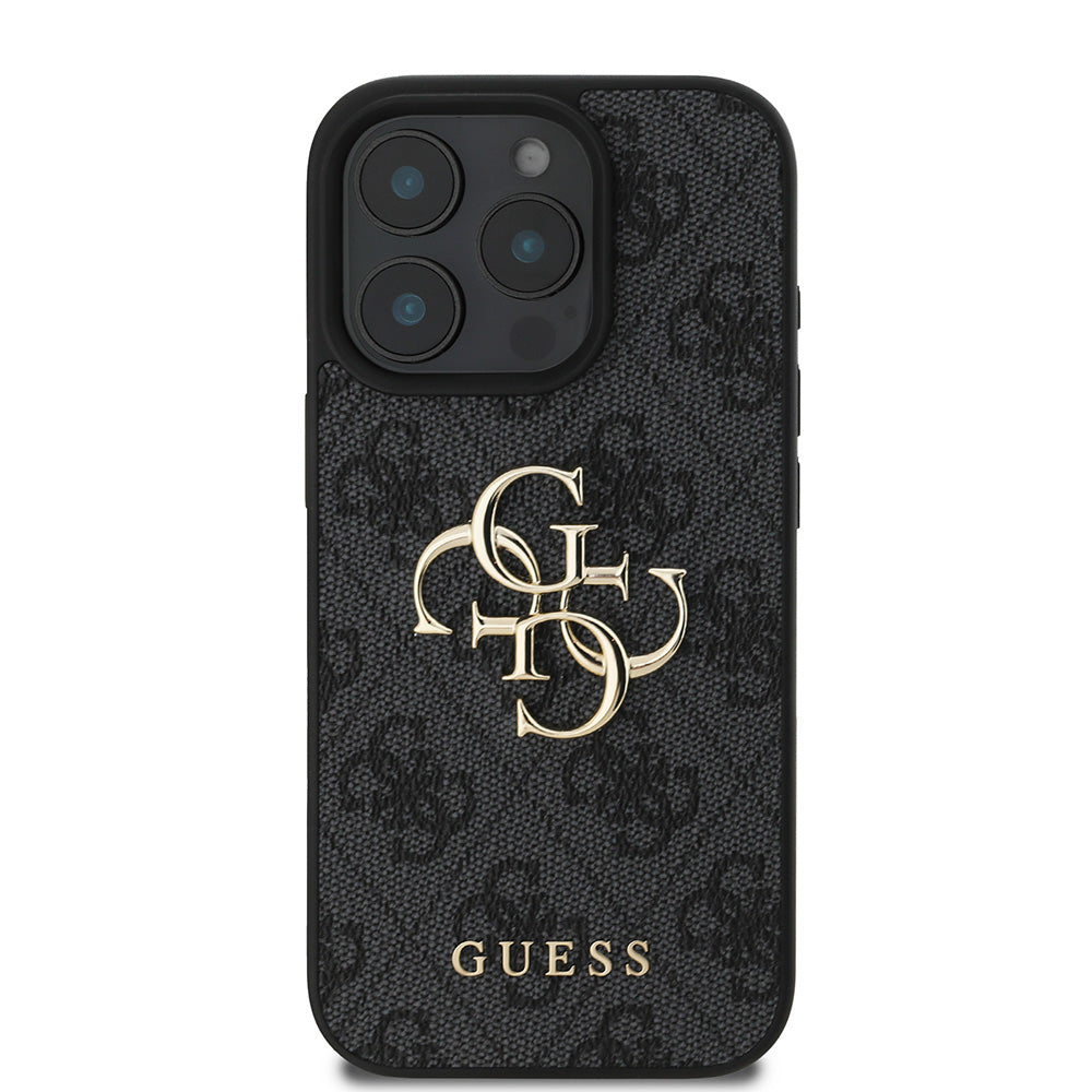 Apple iPhone 16 Pro Kılıf Guess PU Deri 4G Desenli Metal Büyük 4G ve Yazı Logolu Kapak Siyah