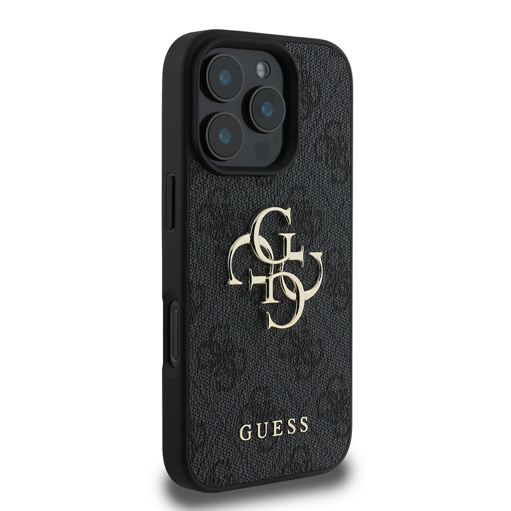 Apple iPhone 16 Pro Kılıf Guess PU Deri 4G Desenli Metal Büyük 4G ve Yazı Logolu Kapak Siyah
