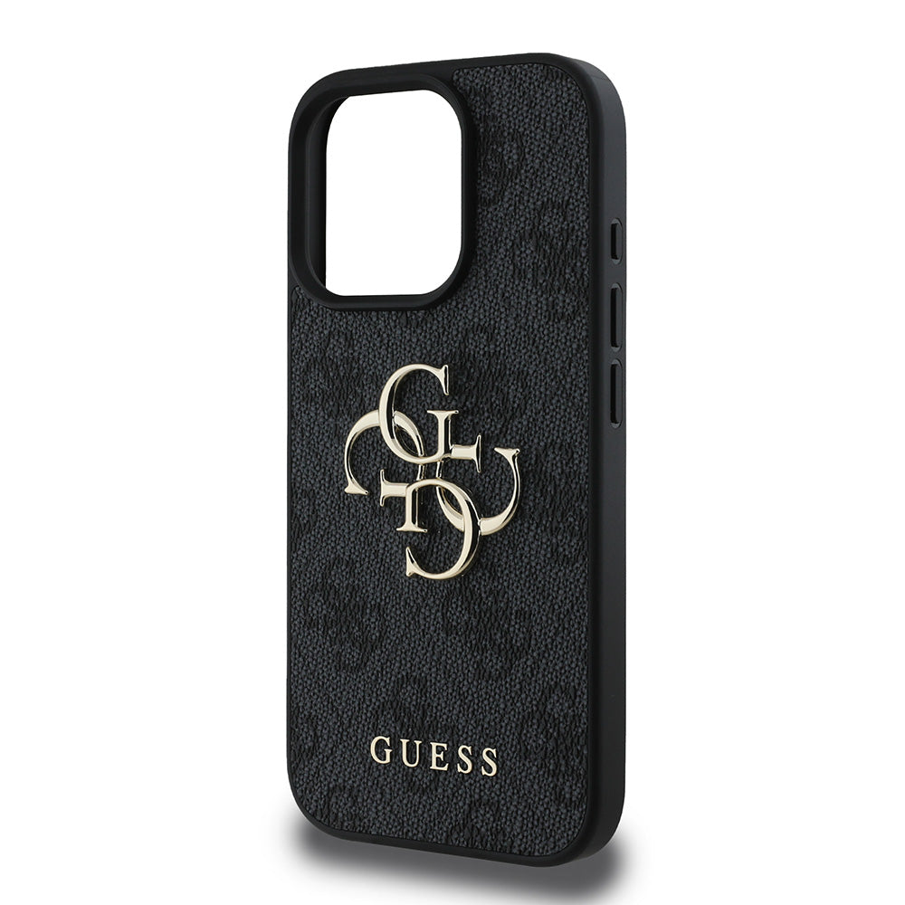 Apple iPhone 16 Pro Kılıf Guess PU Deri 4G Desenli Metal Büyük 4G ve Yazı Logolu Kapak Siyah