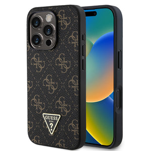 Apple iPhone 16 Pro Kılıf Guess PU Deri 4G Desenli Üçgen Logolu Kapak Siyah