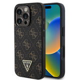 Apple iPhone 16 Pro Kılıf Guess PU Deri 4G Desenli Üçgen Logolu Kapak Siyah