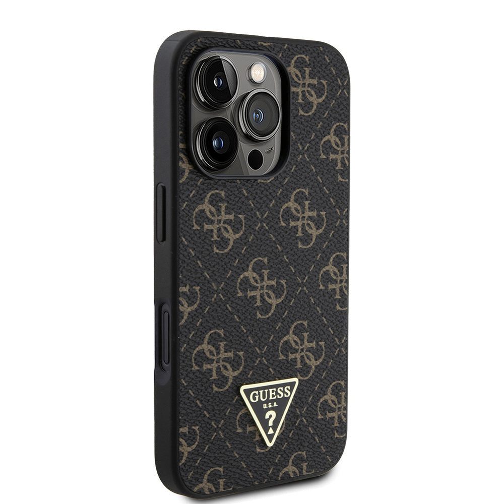 Apple iPhone 16 Pro Kılıf Guess PU Deri 4G Desenli Üçgen Logolu Kapak Siyah