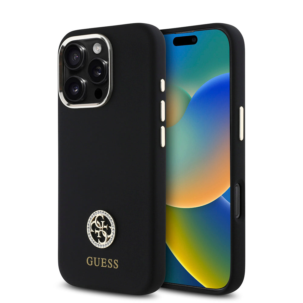 Apple iPhone 16 Pro Kılıf Guess Yazı ve Taşlı 4G Logolu Metal Kamera Çerçeveli Silikon Kapak Siyah