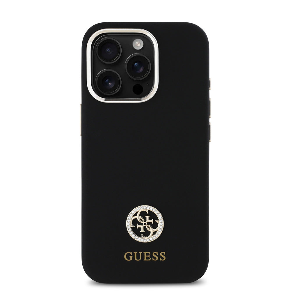 Apple iPhone 16 Pro Kılıf Guess Yazı ve Taşlı 4G Logolu Metal Kamera Çerçeveli Silikon Kapak Siyah