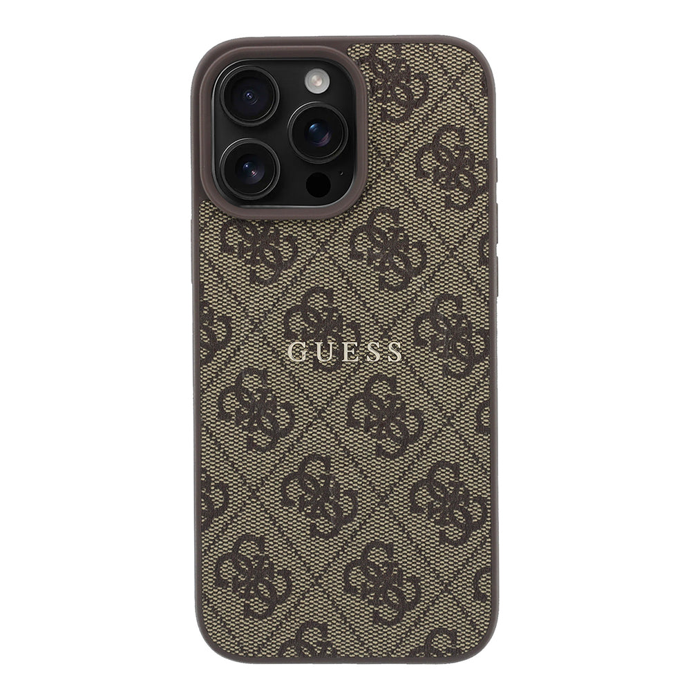 Apple iPhone 16 Pro Kılıf Guess M-safe Kabartmalı 4G Desenli Yazı Logolu Kapak Kahverengi