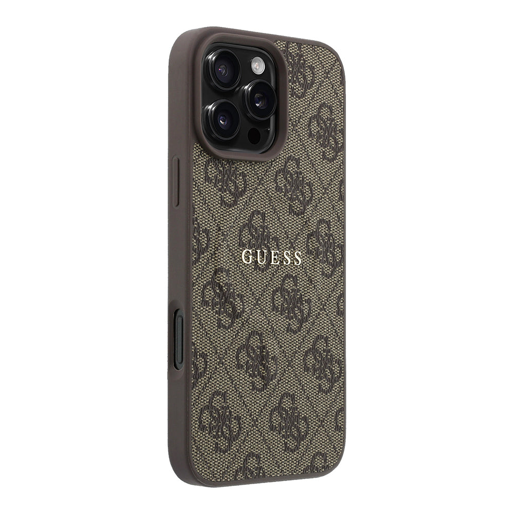 Apple iPhone 16 Pro Kılıf Guess M-safe Kabartmalı 4G Desenli Yazı Logolu Kapak Kahverengi