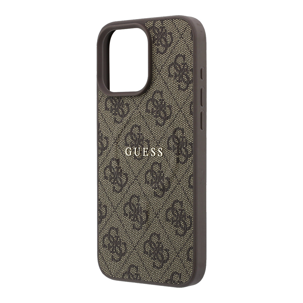 Apple iPhone 16 Pro Kılıf Guess M-safe Kabartmalı 4G Desenli Yazı Logolu Kapak Kahverengi
