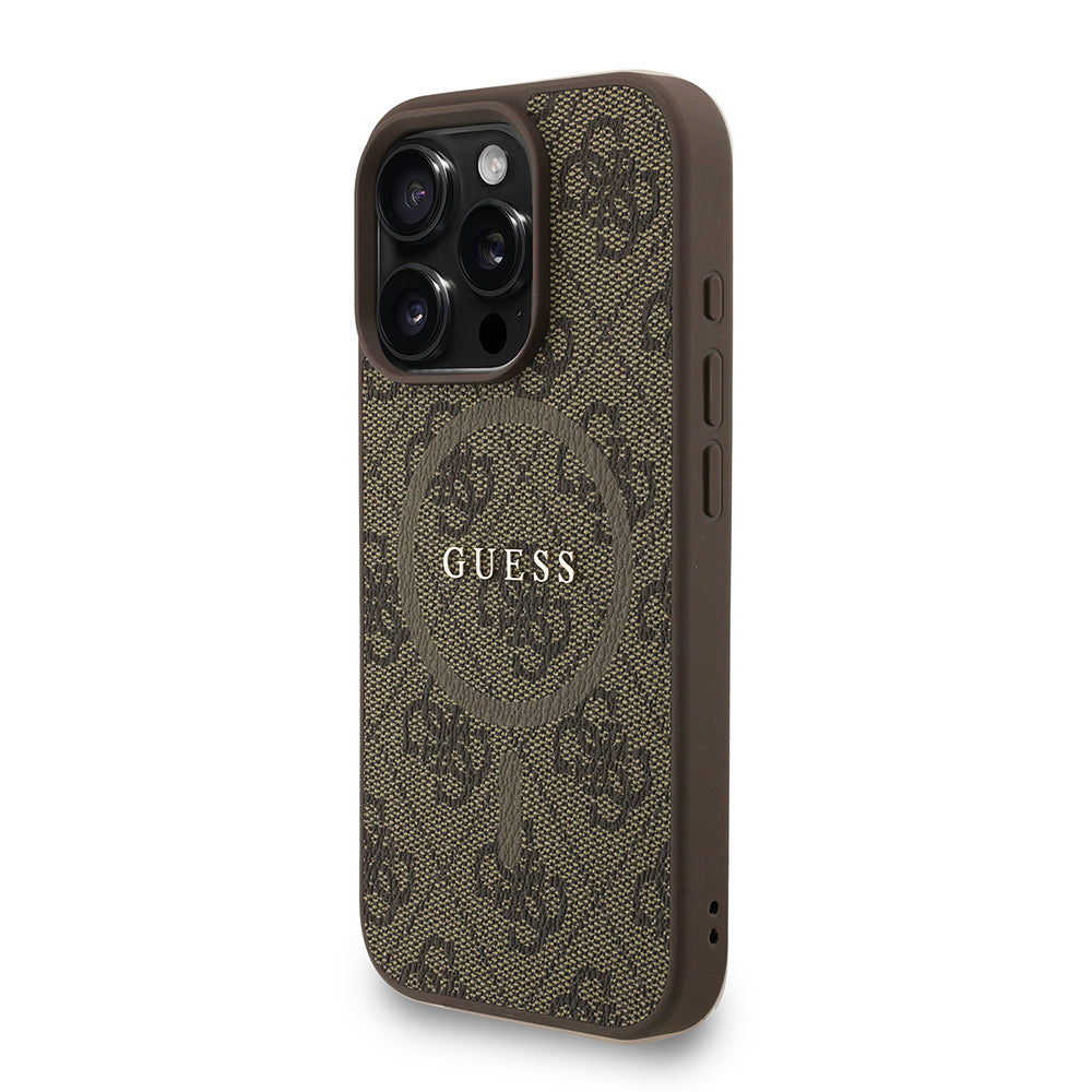 Apple iPhone 16 Pro Kılıf Guess M-safe Şarj Özellikli Bilek Askı İpli Yazı Logolu Kapak Kahverengi