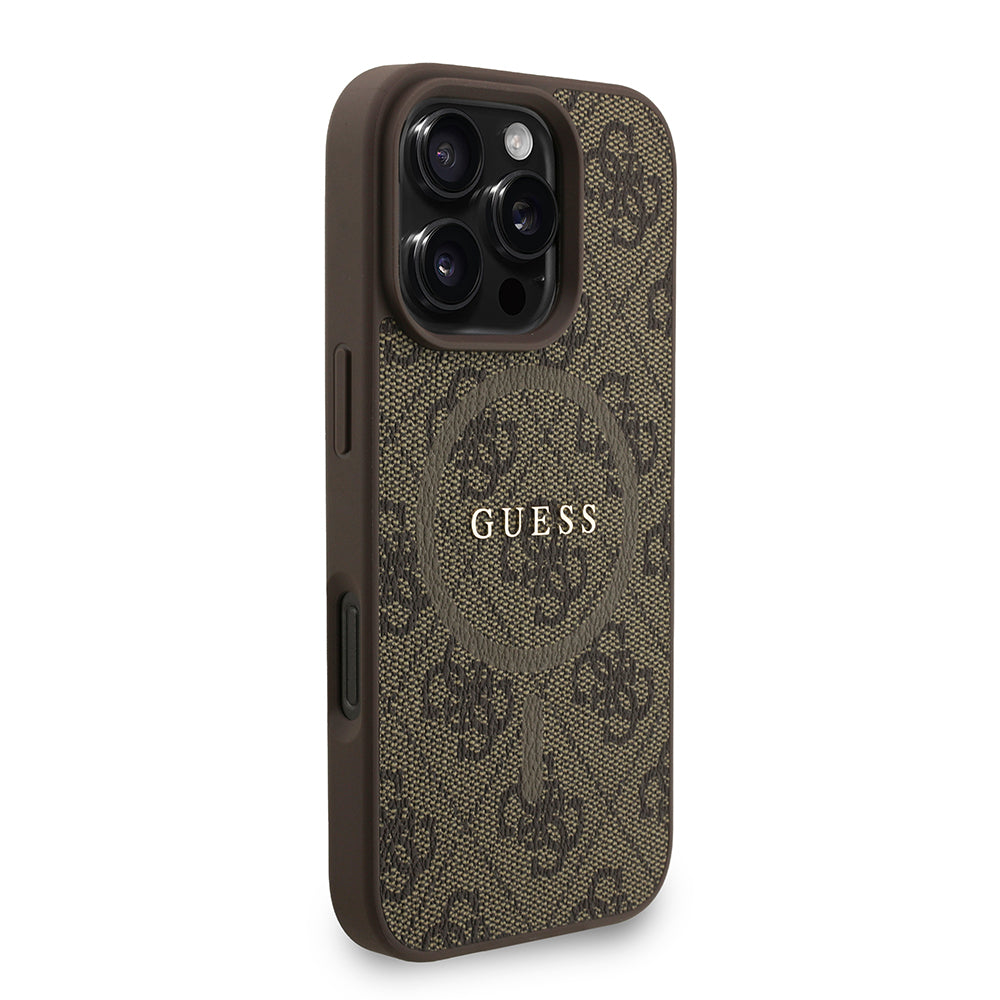 Apple iPhone 16 Pro Kılıf Guess M-safe Şarj Özellikli Bilek Askı İpli Yazı Logolu Kapak Kahverengi