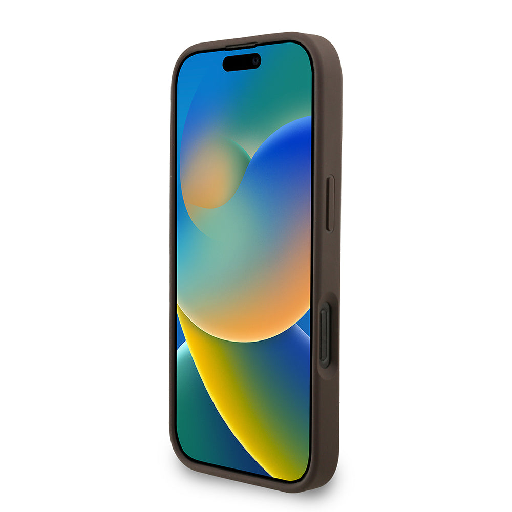 Apple iPhone 16 Pro Kılıf Guess M-safe Şarj Özellikli Bilek Askı İpli Yazı Logolu Kapak Kahverengi