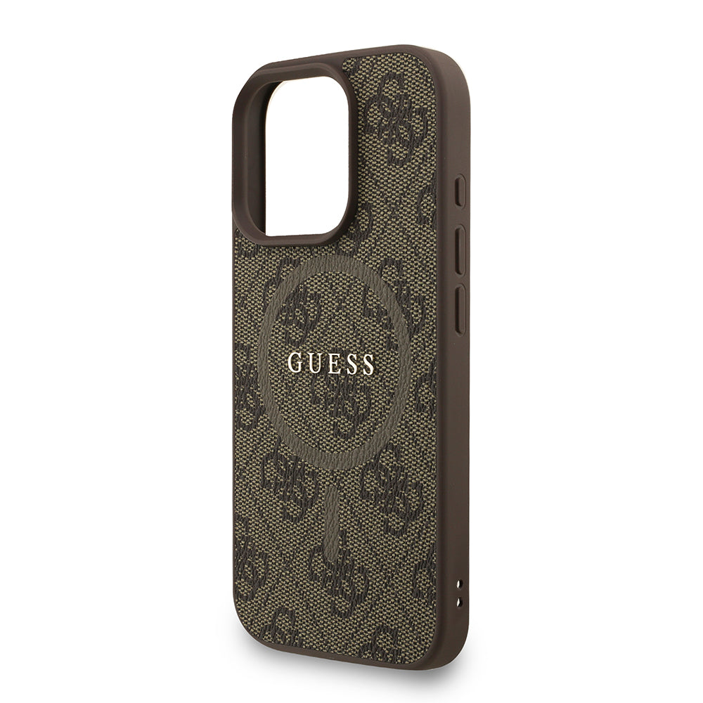 Apple iPhone 16 Pro Kılıf Guess M-safe Şarj Özellikli Bilek Askı İpli Yazı Logolu Kapak Kahverengi