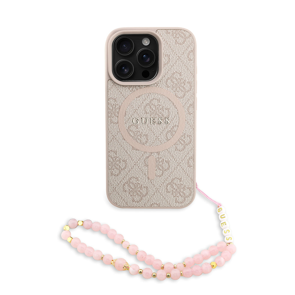 Apple iPhone 16 Pro Kılıf Guess M-safe Şarj Özellikli Bilek Askı İpli Yazı Logolu Kapak Pembe