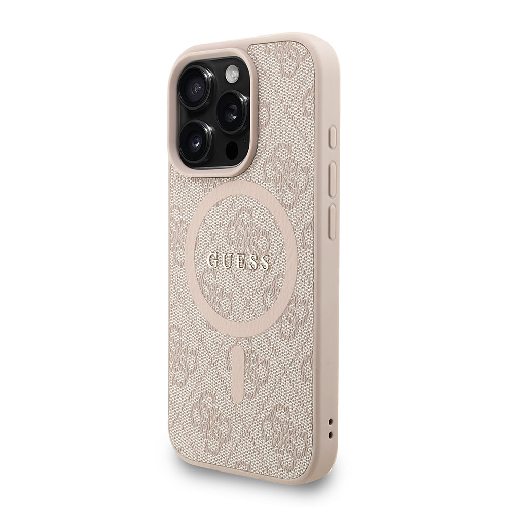 Apple iPhone 16 Pro Kılıf Guess M-safe Şarj Özellikli Bilek Askı İpli Yazı Logolu Kapak Pembe