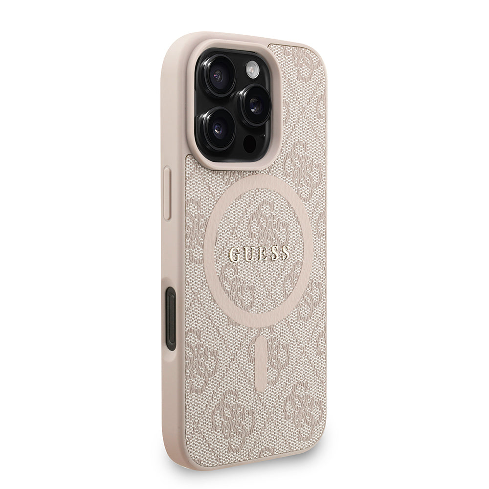 Apple iPhone 16 Pro Kılıf Guess M-safe Şarj Özellikli Bilek Askı İpli Yazı Logolu Kapak Pembe