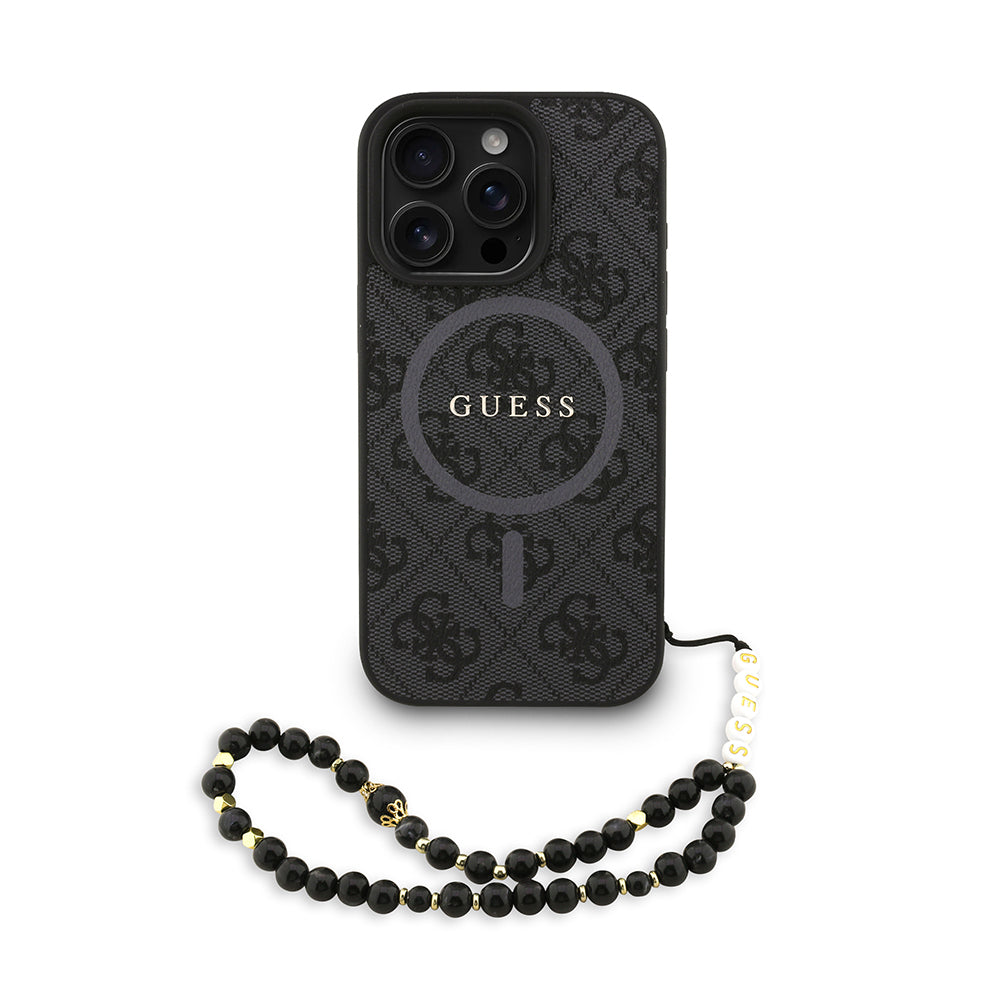 Apple iPhone 16 Pro Kılıf Guess M-safe Şarj Özellikli Bilek Askı İpli Yazı Logolu Kapak Siyah
