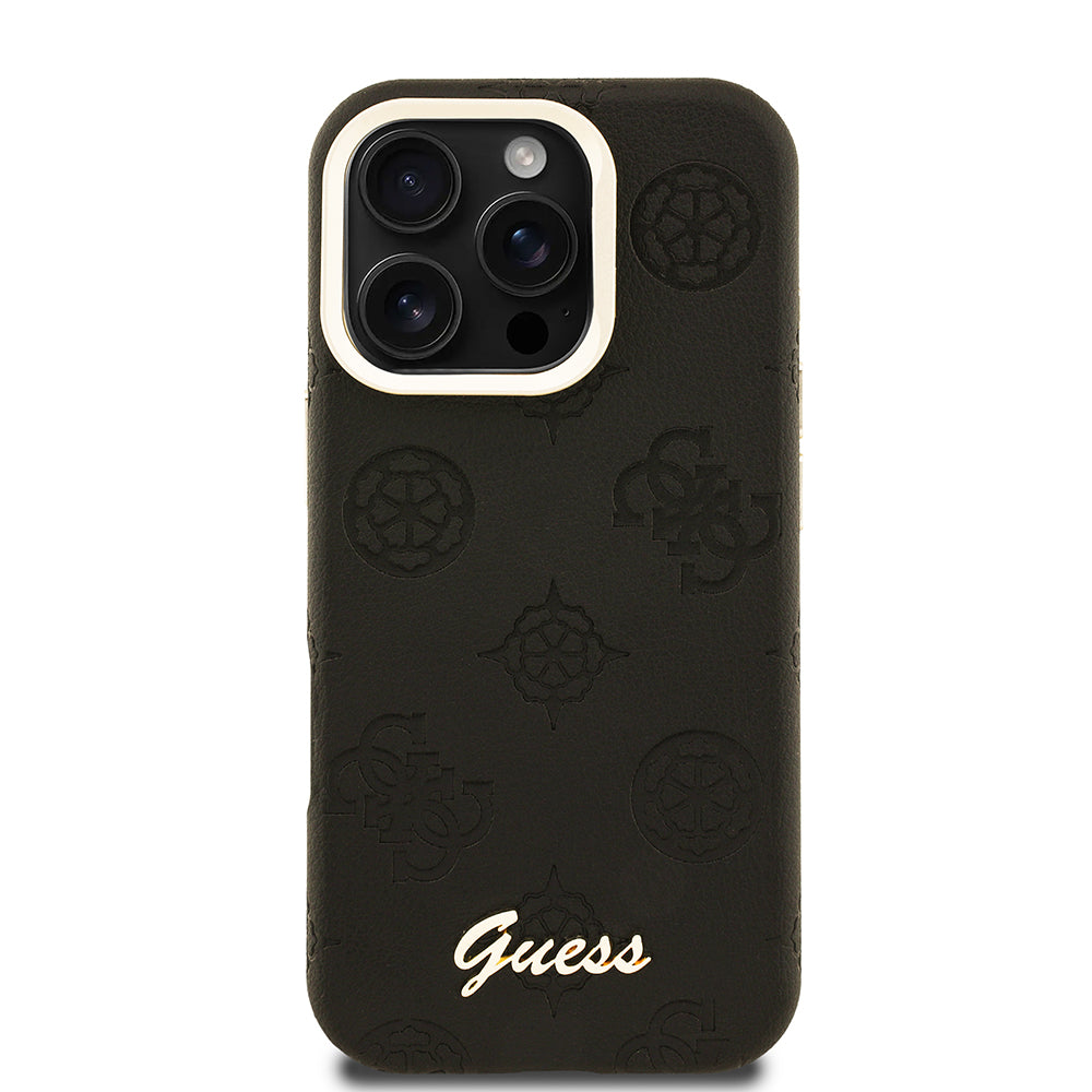 Apple iPhone 16 Pro Kılıf Guess M-safe Şarj Özellikli Kamera Standlı Peony Kapak PU Deri Siyah