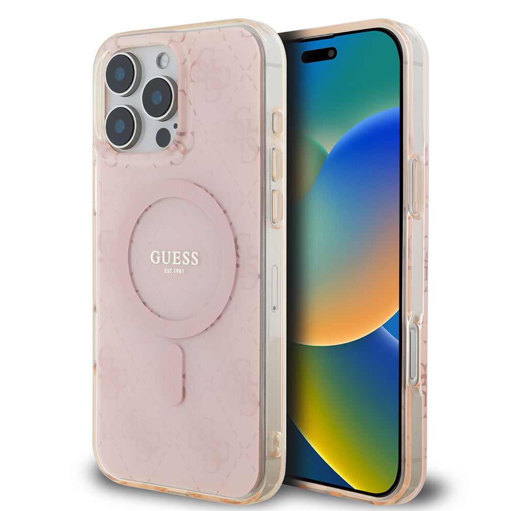 Apple iPhone 16 Pro Kılıf Guess Magsafe Şarj Özellikli IML Baskılı Klasik Logolu 4G Desenli Kapak Pembe