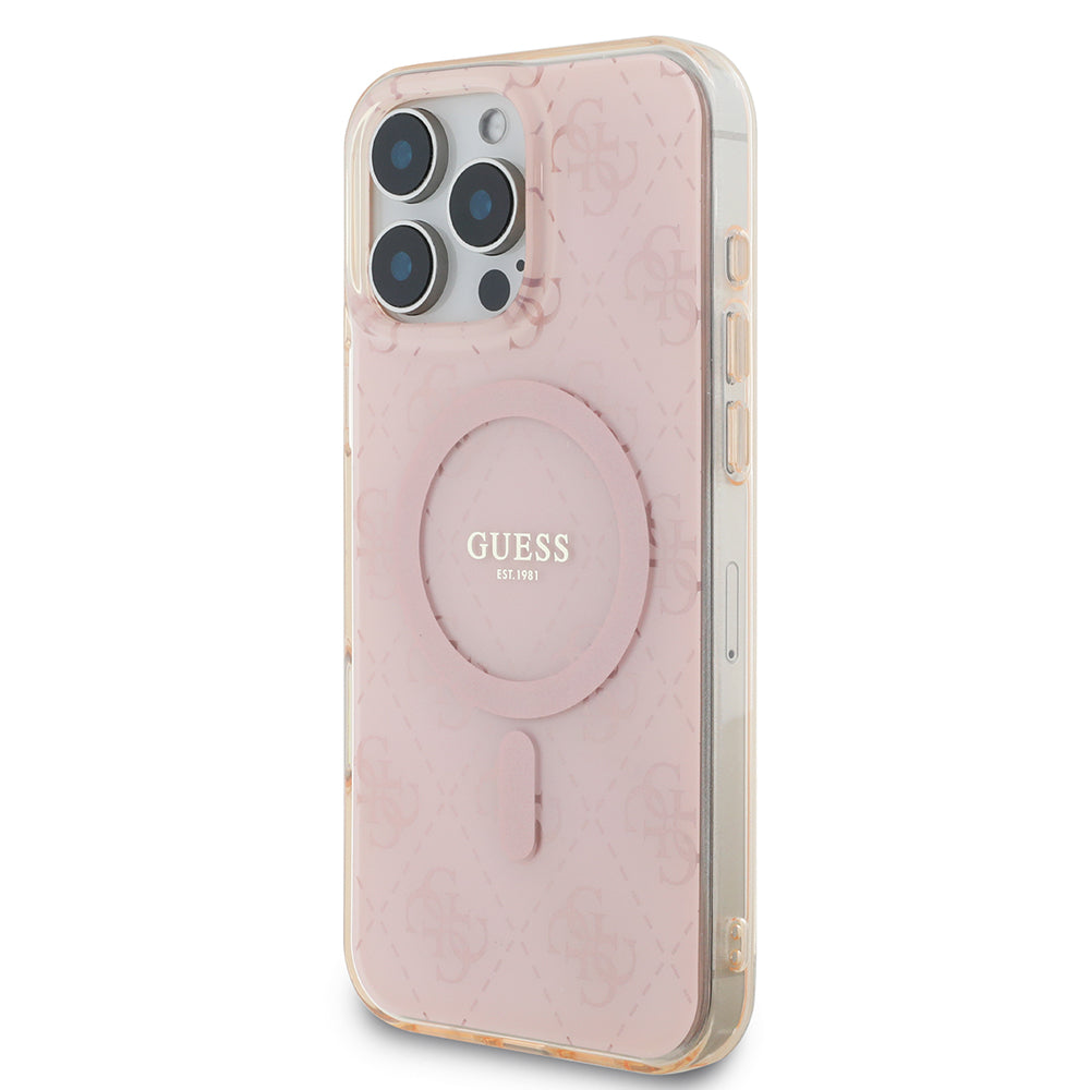 Apple iPhone 16 Pro Kılıf Guess Magsafe Şarj Özellikli IML Baskılı Klasik Logolu 4G Desenli Kapak Pembe