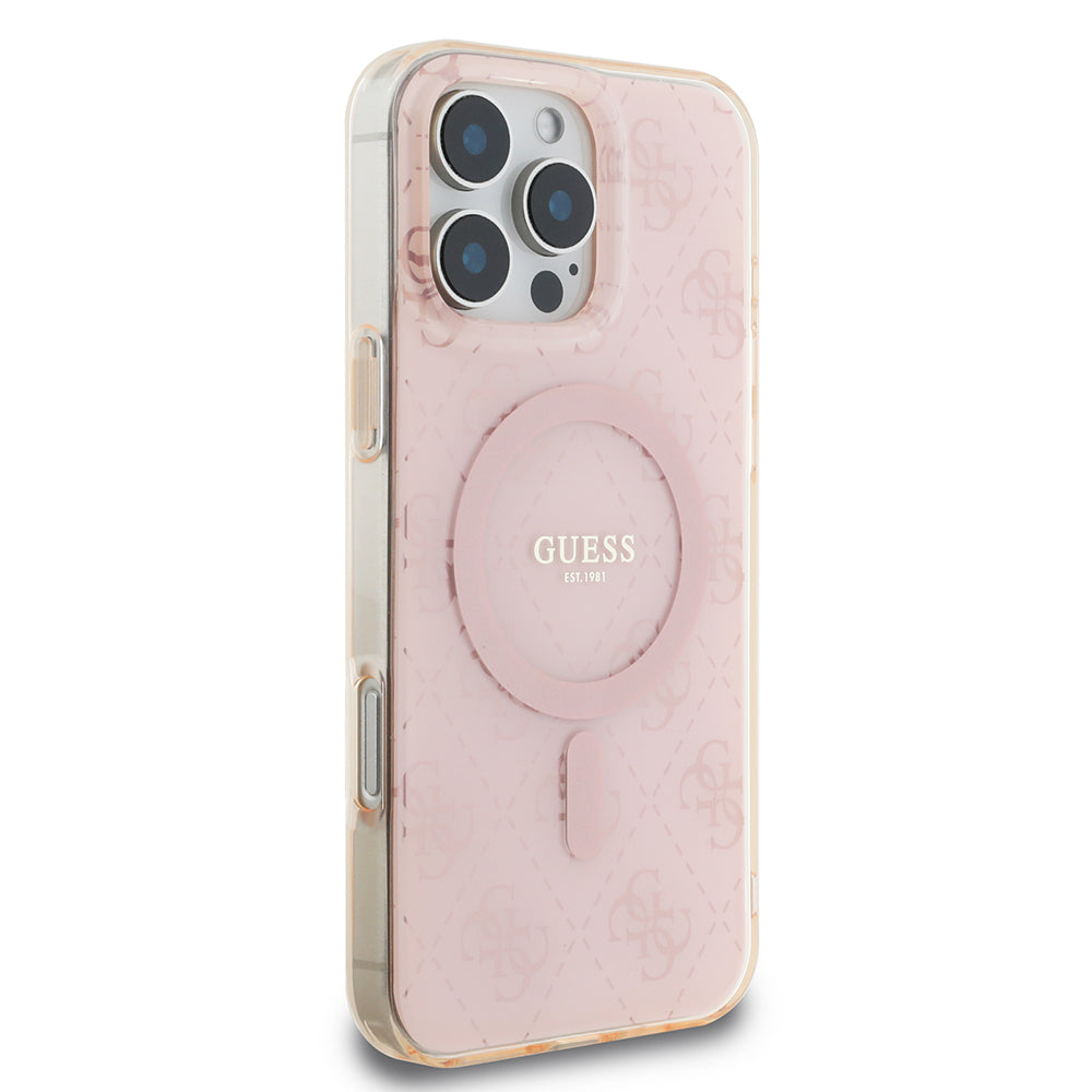 Apple iPhone 16 Pro Kılıf Guess Magsafe Şarj Özellikli IML Baskılı Klasik Logolu 4G Desenli Kapak Pembe