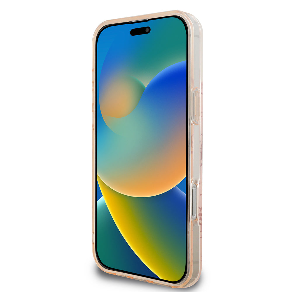 Apple iPhone 16 Pro Kılıf Guess Magsafe Şarj Özellikli IML Baskılı Klasik Logolu 4G Desenli Kapak Pembe