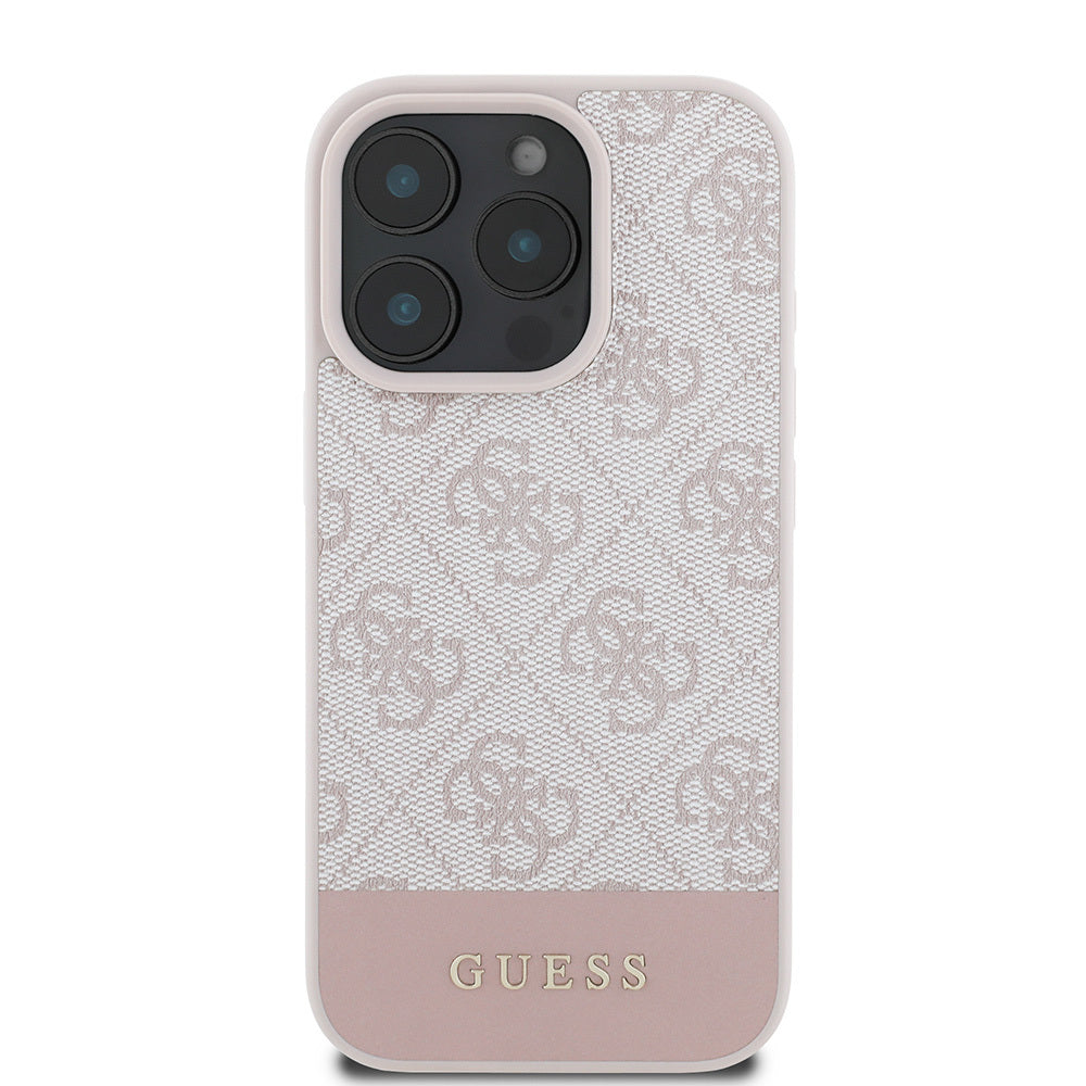 Apple iPhone 16 Pro Max Kılıf Guess PU Deri Şerit Logo Dizaynlı Kapak Pembe