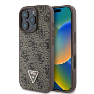 Apple iPhone 16 Pro Kılıf Guess PU Deri Taşlı Üçgen Logo 4G Desenli Strass Kapak Kahverengi