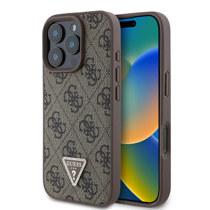 Apple iPhone 16 Pro Kılıf Guess PU Deri Taşlı Üçgen Logo 4G Desenli Strass Kapak Kahverengi