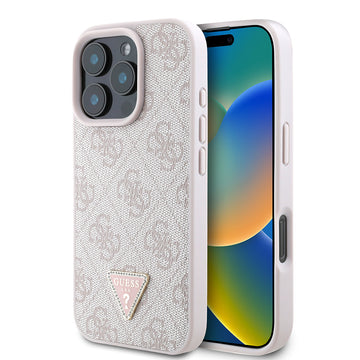 Apple iPhone 16 Pro Kılıf Guess PU Deri Taşlı Üçgen Logo 4G Desenli Strass Kapak Pembe