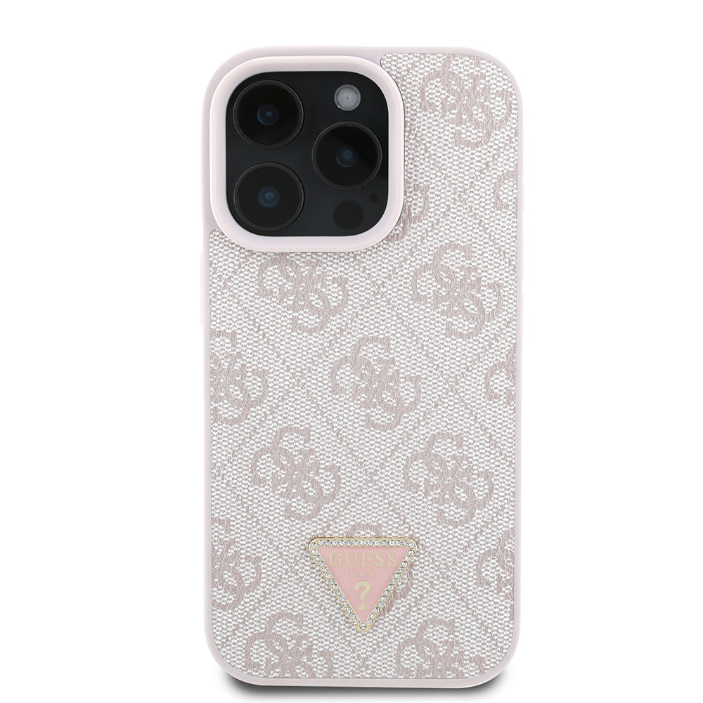 Apple iPhone 16 Pro Kılıf Guess PU Deri Taşlı Üçgen Logo 4G Desenli Strass Kapak Pembe