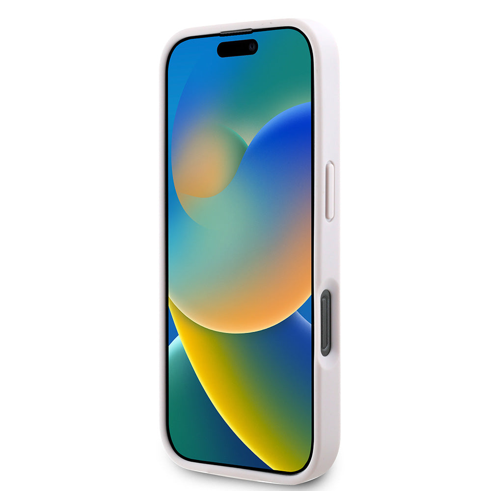 Apple iPhone 16 Pro Kılıf Guess PU Deri Taşlı Üçgen Logo 4G Desenli Strass Kapak Pembe
