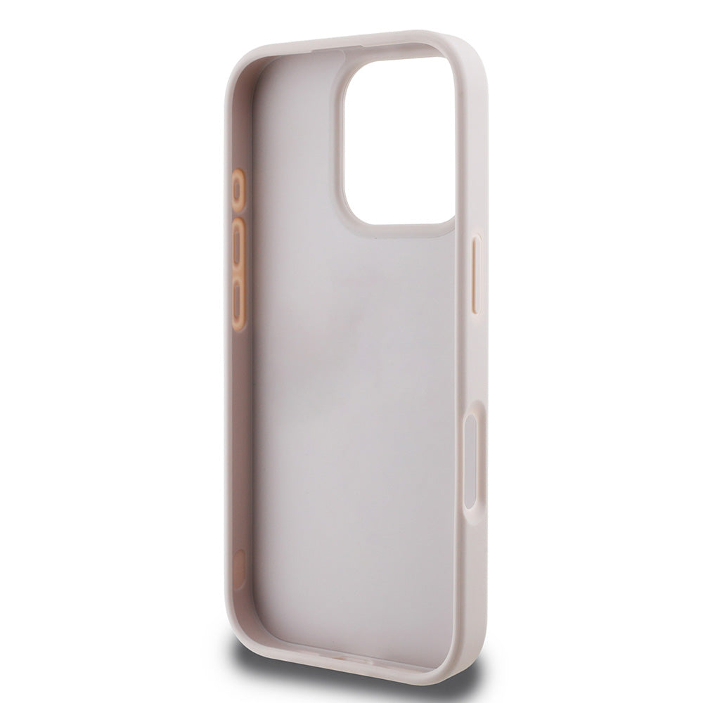 Apple iPhone 16 Pro Kılıf Guess PU Deri Taşlı Üçgen Logo 4G Desenli Strass Kapak Pembe