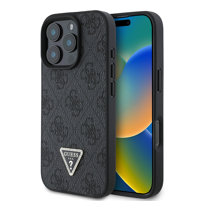 Apple iPhone 16 Pro Kılıf Guess PU Deri Taşlı Üçgen Logo 4G Desenli Strass Kapak Siyah