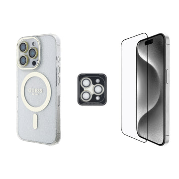 Apple iPhone 16 Pro Max Guess 3'lü Aksesuar Seti Simli Glitter Kılıf Ekran ve Lens Koruyucu