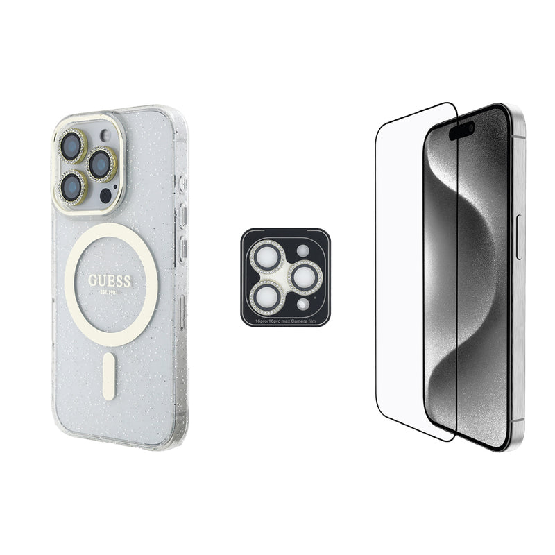 Apple iPhone 16 Pro Guess 3'lü Aksesuar Seti Simli Glitter Kılıf Ekran ve Lens Koruyucu