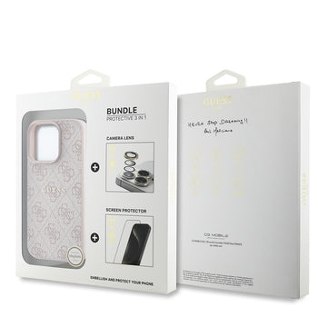 Apple iPhone 16 Pro Max Guess Kılıf Ekran ve Lens Koruyucu 3'lü Aksesuar Seti Pembe